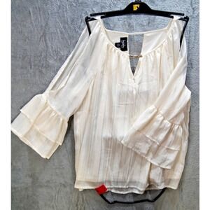 Jay Jay Cold Shoulder‎ White Chiffon Blouse XL Sheer Glitter Trim Bell Sleeve